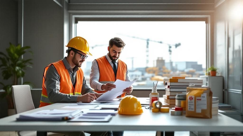 Construction team reviewing safety documentation with organized PPE supplies on a clean desk