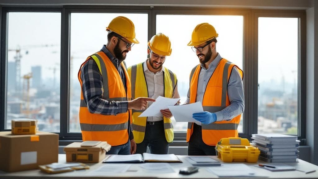 Diverse construction team reviewing compliance checklist with organized safety supplies